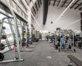 A modern gym interior featuring a variety of weightlifting equipment and exercise machines under bright, natural lighting.