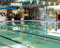 Indoor swimming pool with clear water and marked lanes, featuring a lifeguard station and large windows for natural light.