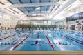 An indoor inground level swimming pool with multiple lanes divided by ropes.