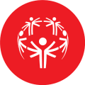 Logo of Special Olympics, featuring five stylized figures with outstretched arms forming a circle on a red background.