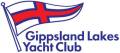 Logo of Gippsland Lakes Yacht Club featuring a flag with a red cross on a white background and text below in blue.