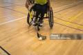 Photo of person in a wheelchair with a hockey stick and ball, on an inside court