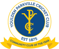 Youlden Parkville Cricket Club logo featuring initials 'YPC' in gold on a blue circle, established 1875, with a ribbon stating "Community Club of the Year."