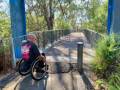 A person in a wheelchair is navigating a bridge surrounded by lush greenery, with a pathway leading into the distance.