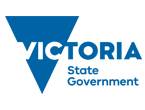 Victorian Government logo blue and white words with a blue triangle