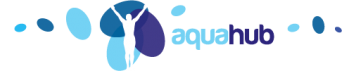 Logo of Aquahub featuring a stylized human figure with raised arms, surrounded by blue and purple bubbles.