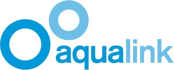 Logo for Aqualink featuring the word "aqualink" in blue with two circles, one larger and one smaller, representing water droplets.