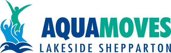 Logo for AquaMoves Lakeside Shepparton, featuring vibrant green and blue text with a dynamic figure and water imagery.