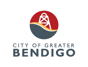 Logo of City of Greater Bendigo featuring a red circle with a mining tower silhouette and blue waves beneath the text.