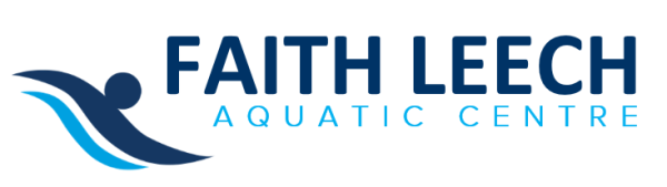 Logo for Faith Leech Aquatic Centre featuring a swimmer silhouette and flowing waves in blue and teal colors.