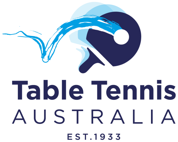 Logo of Table Tennis Australia featuring a paddle and ball with a blue wave design, established in 1935.