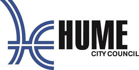 Logo of Hume City Council featuring stylized blue lines and bold black text of "HUME CITY COUNCIL."