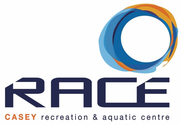 Logo of the Casey Recreation and Aquatic Centre (RACE), featuring stylized text and a colorful circular design.