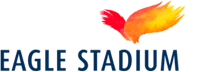 Logo of Eagle Stadium featuring a stylized eagle in vibrant red and yellow above the text "Eagle Stadium" in bold blue letters.