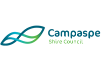 Logo of Campaspe Shire Council featuring stylized leaves in gradient blue and green, accompanied by the text "Campaspe Shire Council."