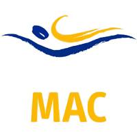 Logo of MAC, featuring a stylized swimmer in blue and yellow, with the letters "MAC" boldly displayed below.