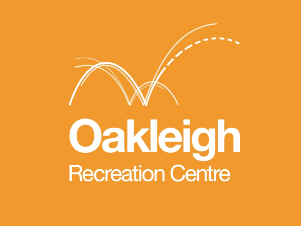 Logo of Oakleigh Recreation Centre on an orange background, featuring playful lines symbolizing activity and movement.