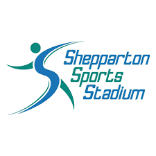 Logo of Shepparton Sports Stadium featuring stylized figures and dynamic text in blue and green, symbolizing sports and activity.