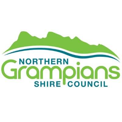 Logo of Northern Grampians Shire Council featuring green mountain silhouettes and flowing blue lines, symbolizing nature and community.