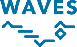 Blue logo for "Waves," featuring stylized wave patterns and geometric shapes.