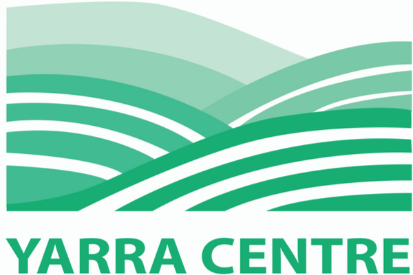 Logo of Yarra Centre featuring layered green hills and flowing lines, with the text "YARRA CENTRE" in bold, green letters.