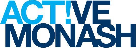 Logo for Active Monash, featuring bold blue text with an emphasis on "ACTIVE" and "!" integrated creatively in the design.