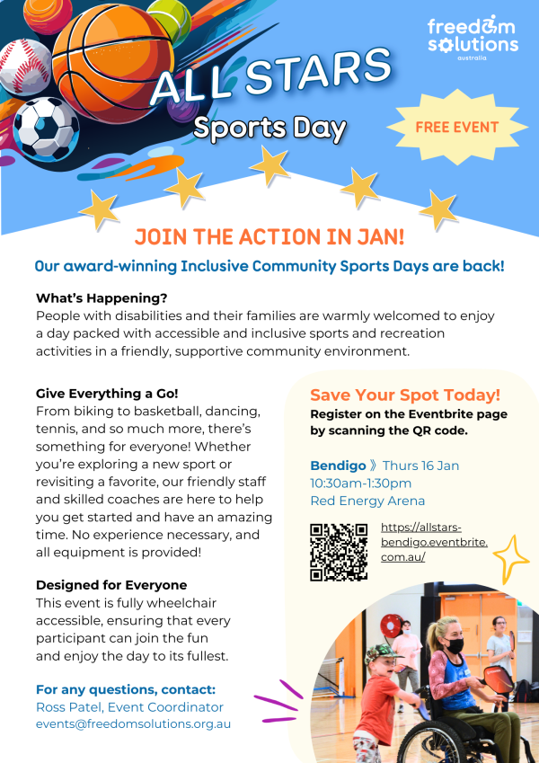 Blue and white flyer advertising all stars sports day in Bendigo located at the Red Energy Arena, hosted by freedom solutions