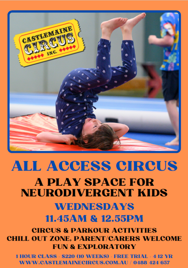 Orange flyer advertising all access circus for kids aged 2-12 years old